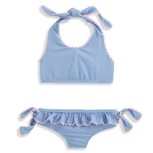 Halter Bikini -- Blue w/ Ivory & Rose