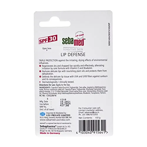 Sebamed Lip Defense Lip balm with SPF 30   Vit E | Regenerates dry, chapped lips quickly & effectively | Intensive care with Vit E, Jojoba Oil & Chamomile | For Men & Women  l 4.8 gm